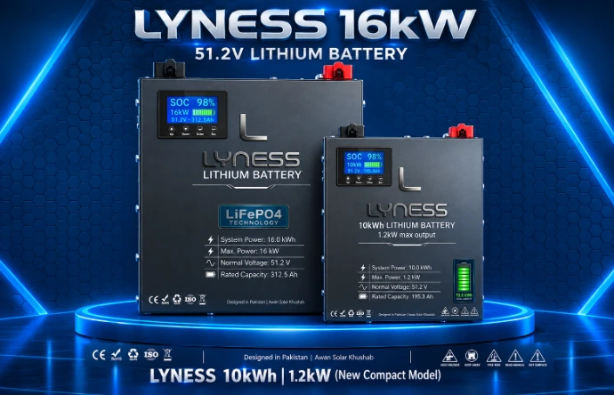 Parameter / Feature Specification Brand Name Lyness Battery Chemistry Lithium Iron Phosphate (LiFePO4 Technology) System Power (Capacity) 10.0 kWh Max Output Power 10 kW Normal Voltage 51.2 V Rated Capacity 200 Ah Life Cycles 8000+ Deep Life Cycles (at 80% DOD) Display Panel Smart Digital LCD Display showing real-time SOC %, Voltage (51.2V), and System Status Certifications CE, RoHS, ISO Compliant Form Factor Wall-Mountable / Heavy-Duty Enclosure BMS Protection Integrated Smart BMS (Overcharge, Over-discharge, High Current, Short Circuit &amp; Thermal Protection)