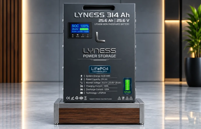 پیرامیٹر (Parameter) تفصیل (Specification) برانڈ / ماڈل (Brand / Model) LYNESS 3.8kW بیٹری ٹائپ (Battery Type) LiFePO4 (Lithium Iron Phosphate) نومل وولٹیج (Nominal Voltage) 25.6 V (شائع شدہ 24V سسٹمز کے لیے) ریٹڈ کیپیسٹی (Rated Capacity) 150 Ah کل انرجی / طاقت (Total Energy) 3.84 kWh (3840 Wh) میکسیمم پاور آؤٹ پٹ (Max Power) 3.8 kW لائف سائیکل (Cycle Life) 8000+ Cycles (@80% DOD, 25°C) ورکنگ وولٹیج رینج (Operating Voltage Range) 22.4 V - 28.8 V سٹینڈرڈ چارج وولٹیج (Charge Voltage) 28.8 V کٹ آف وولٹیج (Discharge Cut-off Voltage) 22.4 V لائف اسپین (Expected Lifespan) 15+ سال ڈسپلے (Display) LCD