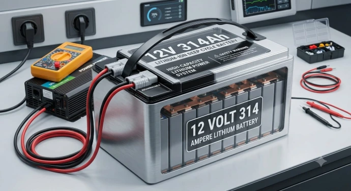 Specification Details Nominal Voltage 12.8V Nominal Capacity 314Ah Total Energy 3,763.2 Wh (3.76 kWh) Cell Chemistry Lithium Iron Phosphate (\text{LiFePO}_4) Recommended Charge Voltage 14.4V – 14.6V Cut-Off Discharge Voltage 10.0V – 10.8V Maximum Continuous Charge Current 150A – 200A Maximum Continuous Discharge Current 200A Peak Discharge Current 350A (5 seconds) Cycle Life \ge 6,000 Cycles @ 80% DoD Operating Temperature (Discharge) -20°C to 60°C Operating Temperature (Charge) 0